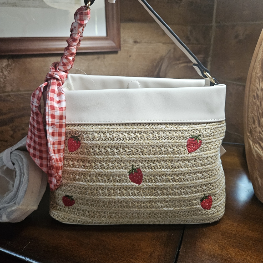 BCBGeneration Straw Shoulder Bag with White Trim and Red Strawberry Embroidery